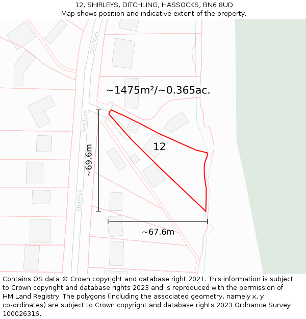 12, SHIRLEYS, DITCHLING, HASSOCKS, BN6 8UD: Plot and title map