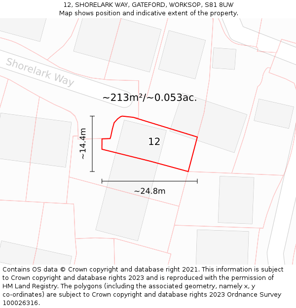 12, SHORELARK WAY, GATEFORD, WORKSOP, S81 8UW: Plot and title map