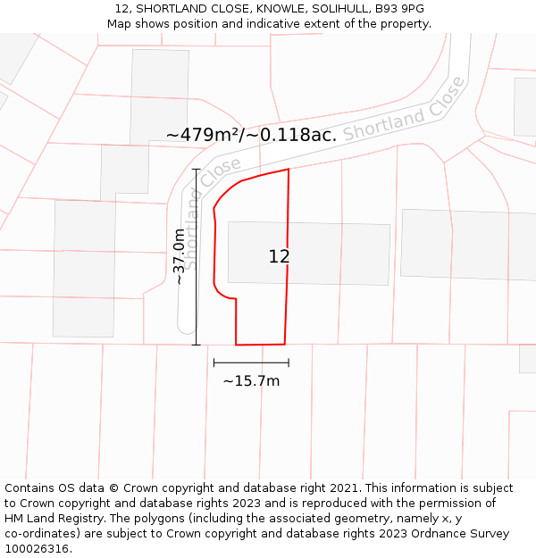 12, SHORTLAND CLOSE, KNOWLE, SOLIHULL, B93 9PG: Plot and title map