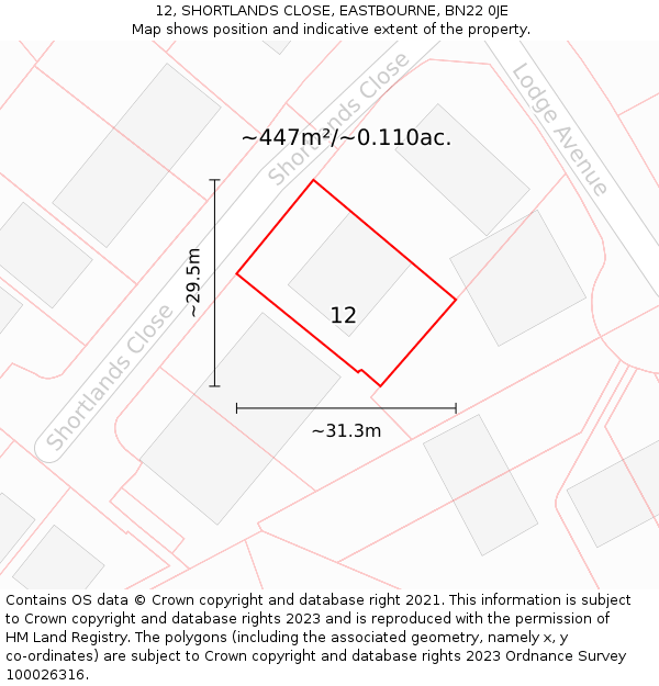 12, SHORTLANDS CLOSE, EASTBOURNE, BN22 0JE: Plot and title map