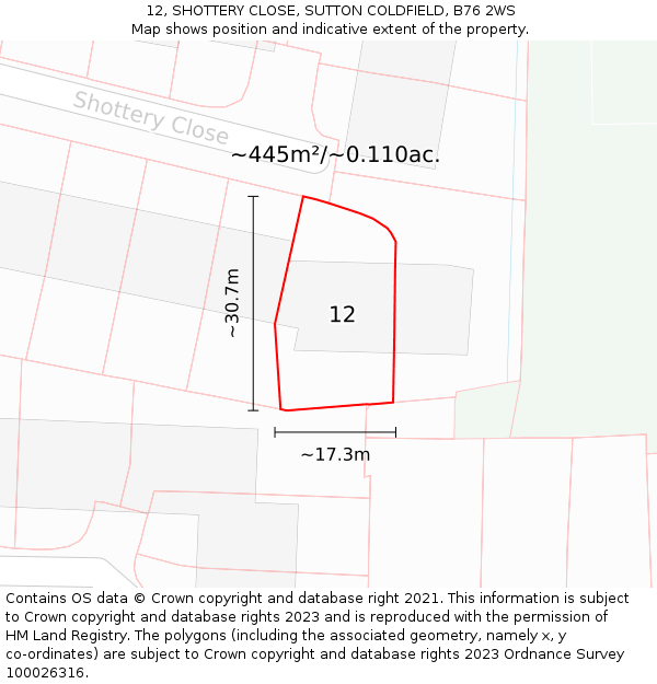 12, SHOTTERY CLOSE, SUTTON COLDFIELD, B76 2WS: Plot and title map