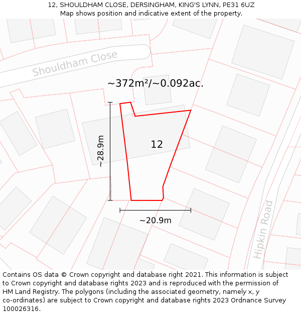 12, SHOULDHAM CLOSE, DERSINGHAM, KING'S LYNN, PE31 6UZ: Plot and title map