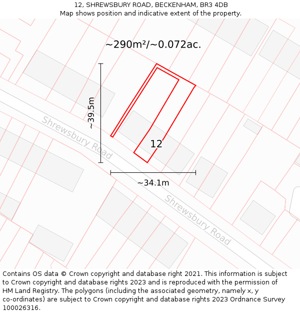 12, SHREWSBURY ROAD, BECKENHAM, BR3 4DB: Plot and title map