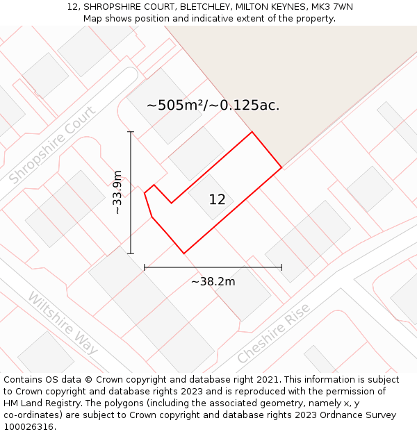 12, SHROPSHIRE COURT, BLETCHLEY, MILTON KEYNES, MK3 7WN: Plot and title map