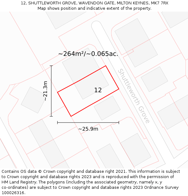 12, SHUTTLEWORTH GROVE, WAVENDON GATE, MILTON KEYNES, MK7 7RX: Plot and title map