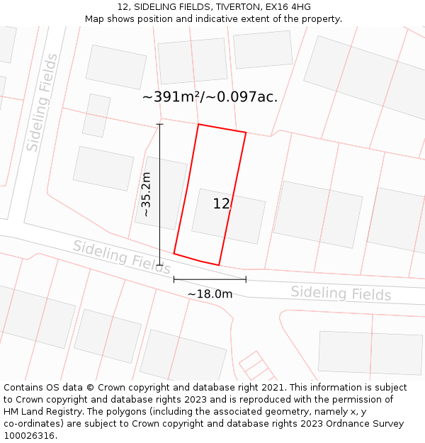 12, SIDELING FIELDS, TIVERTON, EX16 4HG: Plot and title map