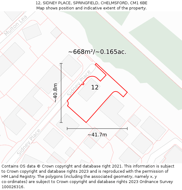 12, SIDNEY PLACE, SPRINGFIELD, CHELMSFORD, CM1 6BE: Plot and title map