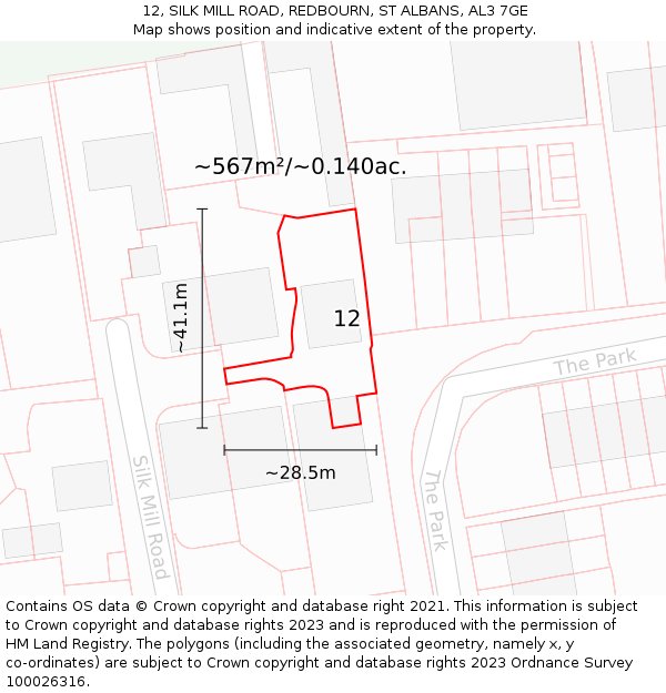 12, SILK MILL ROAD, REDBOURN, ST ALBANS, AL3 7GE: Plot and title map