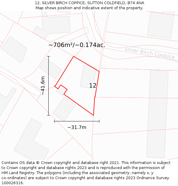 12, SILVER BIRCH COPPICE, SUTTON COLDFIELD, B74 4NA: Plot and title map