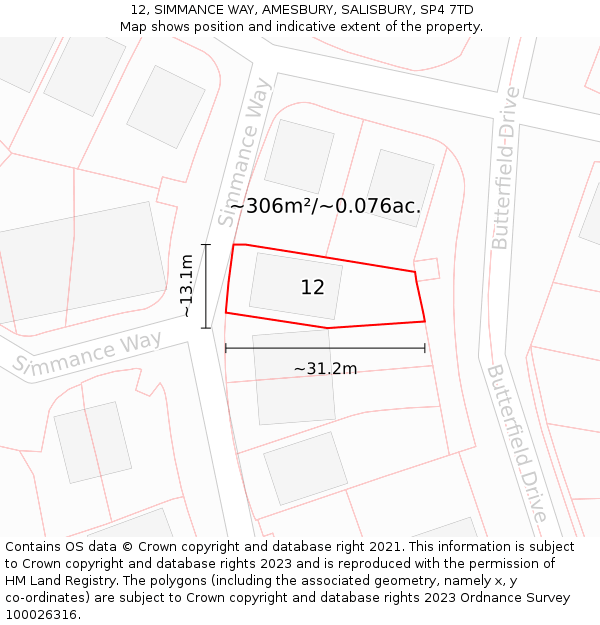 12, SIMMANCE WAY, AMESBURY, SALISBURY, SP4 7TD: Plot and title map