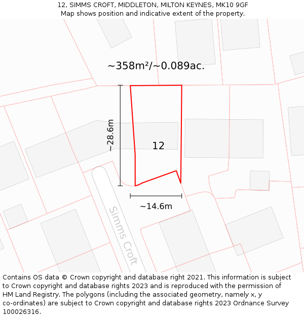 12, SIMMS CROFT, MIDDLETON, MILTON KEYNES, MK10 9GF: Plot and title map