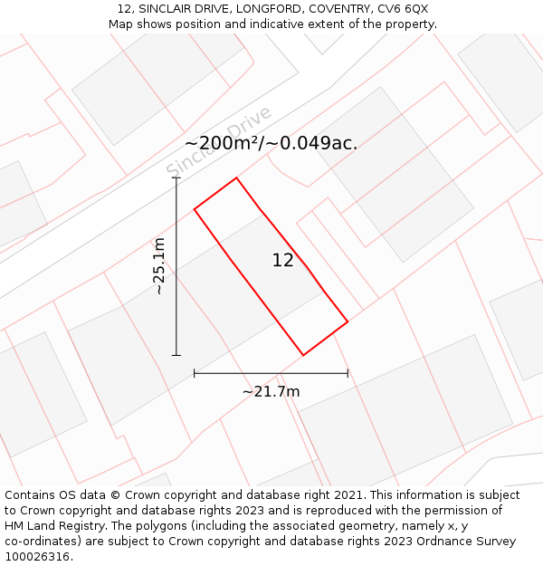 12, SINCLAIR DRIVE, LONGFORD, COVENTRY, CV6 6QX: Plot and title map