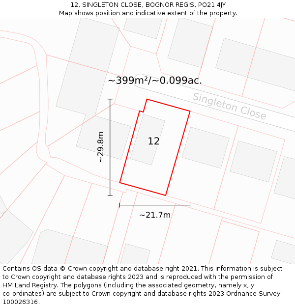 12, SINGLETON CLOSE, BOGNOR REGIS, PO21 4JY: Plot and title map