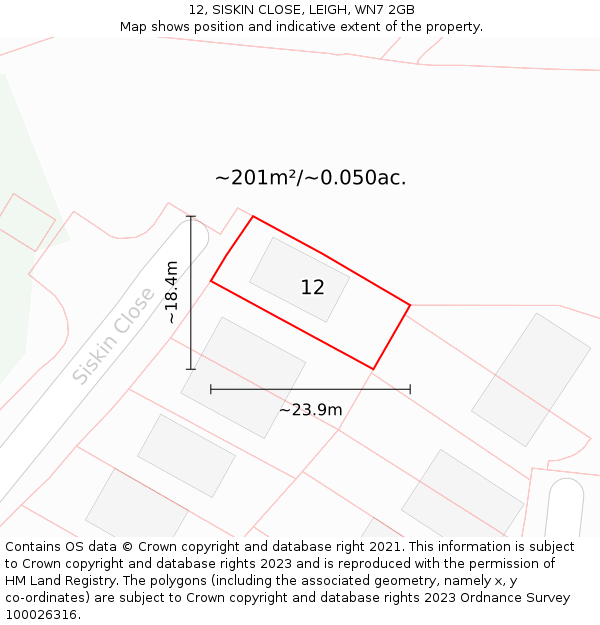 12, SISKIN CLOSE, LEIGH, WN7 2GB: Plot and title map
