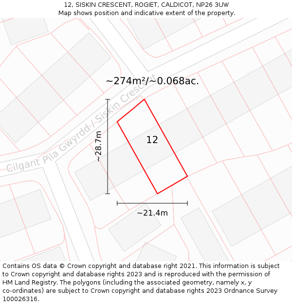 12, SISKIN CRESCENT, ROGIET, CALDICOT, NP26 3UW: Plot and title map