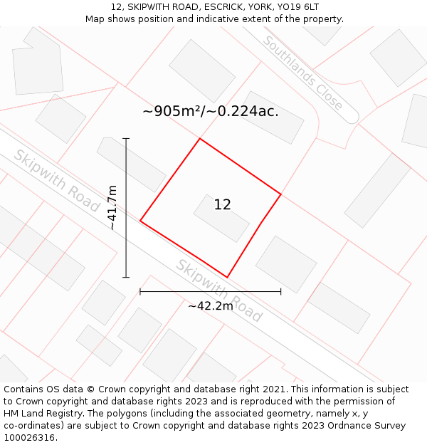 12, SKIPWITH ROAD, ESCRICK, YORK, YO19 6LT: Plot and title map