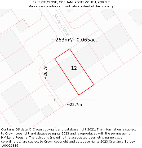 12, SKYE CLOSE, COSHAM, PORTSMOUTH, PO6 3LT: Plot and title map