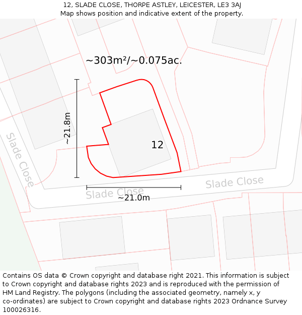 12, SLADE CLOSE, THORPE ASTLEY, LEICESTER, LE3 3AJ: Plot and title map