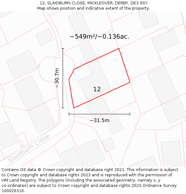 12, SLAIDBURN CLOSE, MICKLEOVER, DERBY, DE3 9SY: Plot and title map