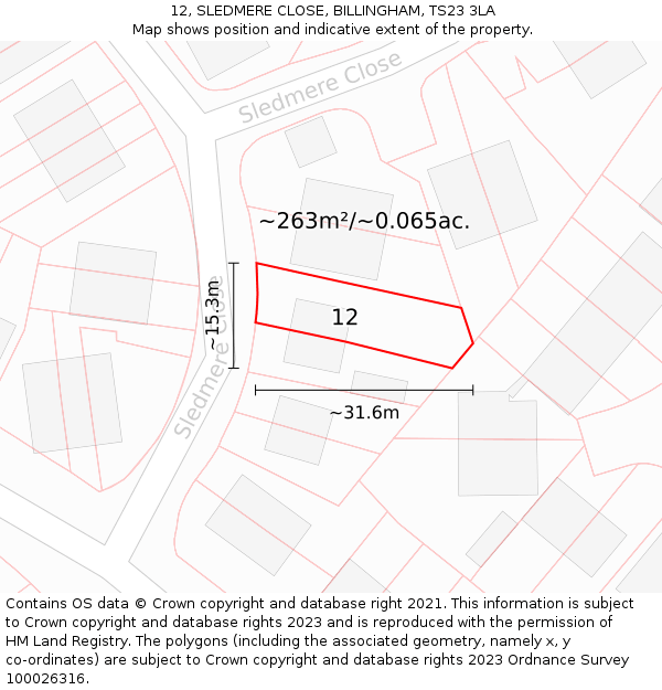 12, SLEDMERE CLOSE, BILLINGHAM, TS23 3LA: Plot and title map