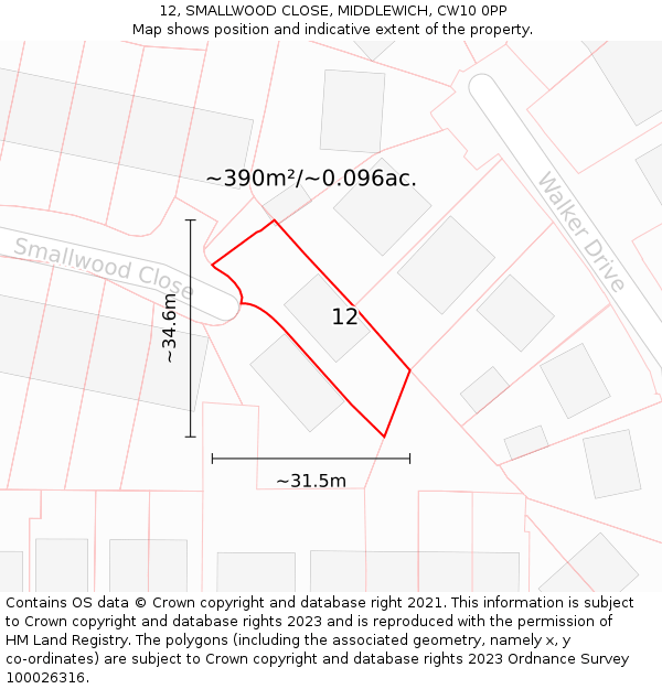 12, SMALLWOOD CLOSE, MIDDLEWICH, CW10 0PP: Plot and title map