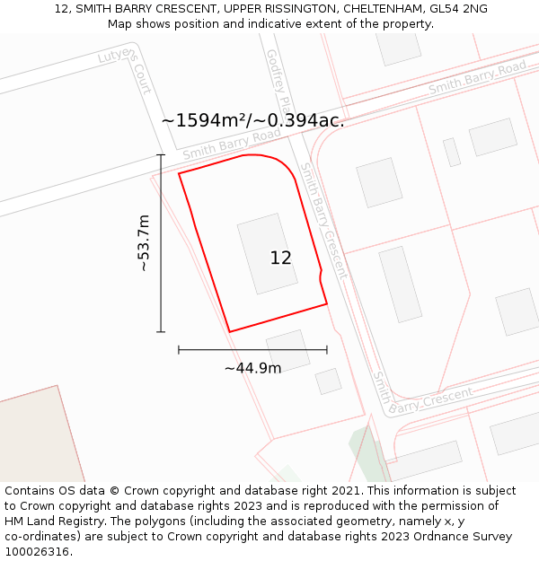 12, SMITH BARRY CRESCENT, UPPER RISSINGTON, CHELTENHAM, GL54 2NG: Plot and title map