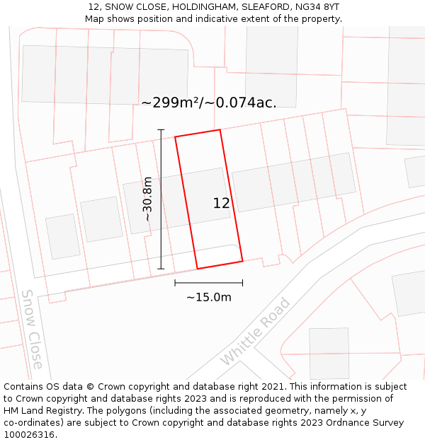 12, SNOW CLOSE, HOLDINGHAM, SLEAFORD, NG34 8YT: Plot and title map