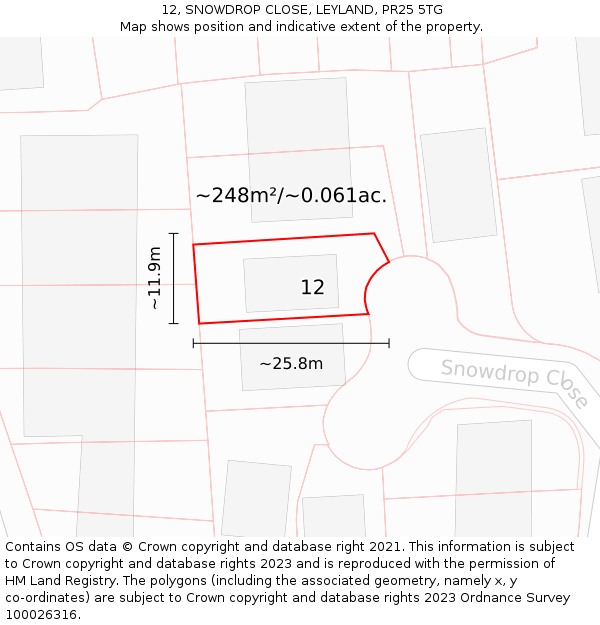 12, SNOWDROP CLOSE, LEYLAND, PR25 5TG: Plot and title map