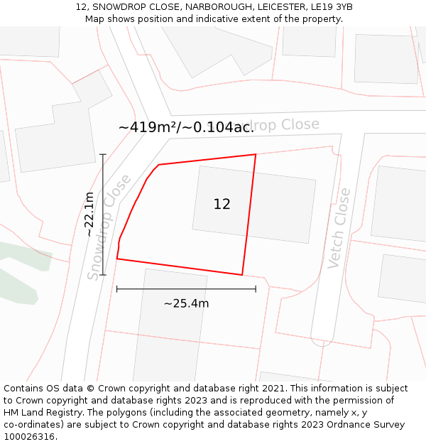 12, SNOWDROP CLOSE, NARBOROUGH, LEICESTER, LE19 3YB: Plot and title map