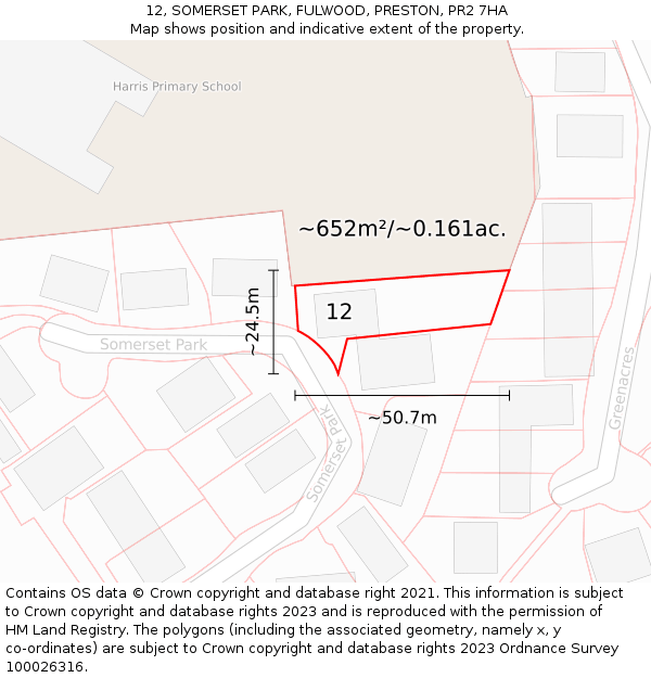 12, SOMERSET PARK, FULWOOD, PRESTON, PR2 7HA: Plot and title map