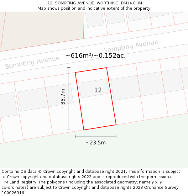 12, SOMPTING AVENUE, WORTHING, BN14 8HN: Plot and title map