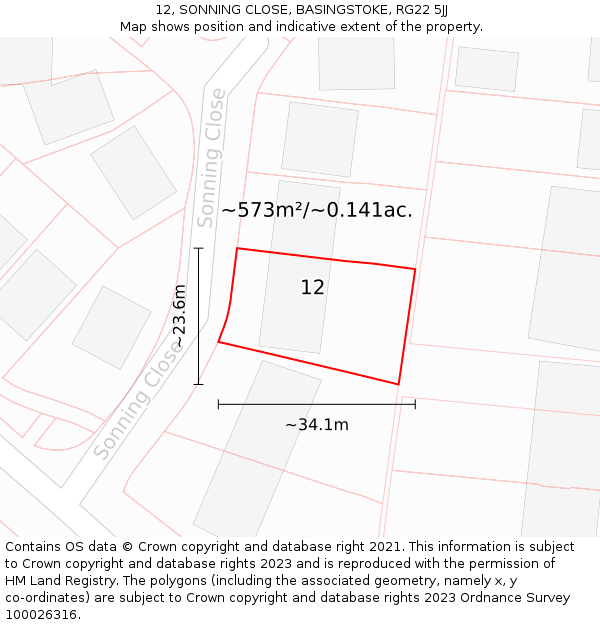 12, SONNING CLOSE, BASINGSTOKE, RG22 5JJ: Plot and title map