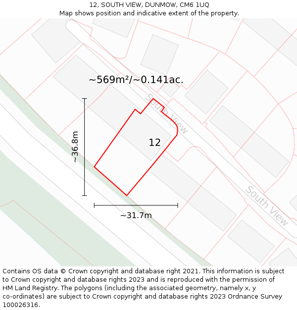12, SOUTH VIEW, DUNMOW, CM6 1UQ: Plot and title map