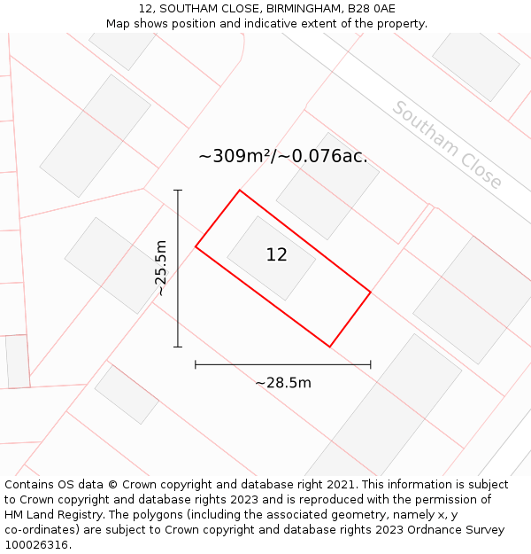 12, SOUTHAM CLOSE, BIRMINGHAM, B28 0AE: Plot and title map