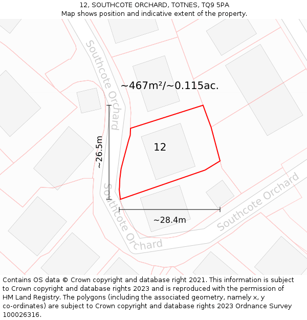 12, SOUTHCOTE ORCHARD, TOTNES, TQ9 5PA: Plot and title map