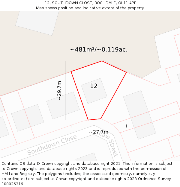12, SOUTHDOWN CLOSE, ROCHDALE, OL11 4PP: Plot and title map