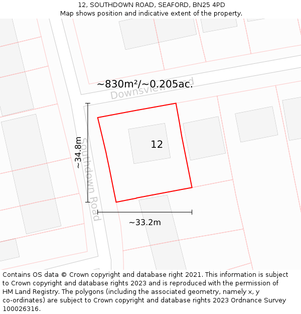12, SOUTHDOWN ROAD, SEAFORD, BN25 4PD: Plot and title map