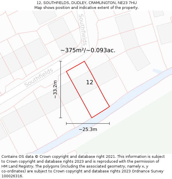 12, SOUTHFIELDS, DUDLEY, CRAMLINGTON, NE23 7HU: Plot and title map