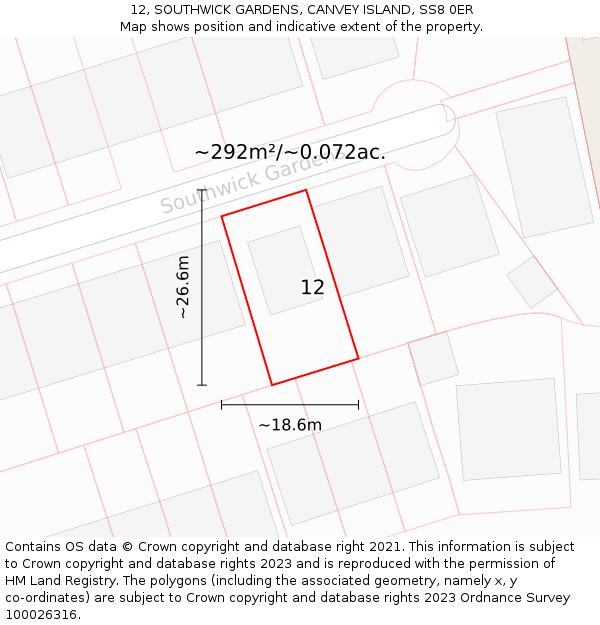 12, SOUTHWICK GARDENS, CANVEY ISLAND, SS8 0ER: Plot and title map