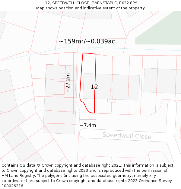 12, SPEEDWELL CLOSE, BARNSTAPLE, EX32 8PY: Plot and title map