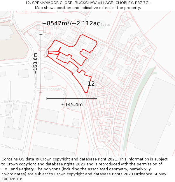 12, SPENNYMOOR CLOSE, BUCKSHAW VILLAGE, CHORLEY, PR7 7GL: Plot and title map
