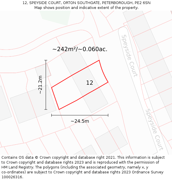 12, SPEYSIDE COURT, ORTON SOUTHGATE, PETERBOROUGH, PE2 6SN: Plot and title map