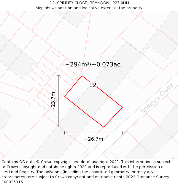 12, SPINNEY CLOSE, BRANDON, IP27 0HH: Plot and title map