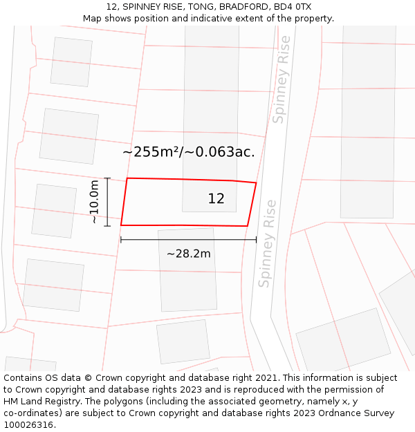 12, SPINNEY RISE, TONG, BRADFORD, BD4 0TX: Plot and title map
