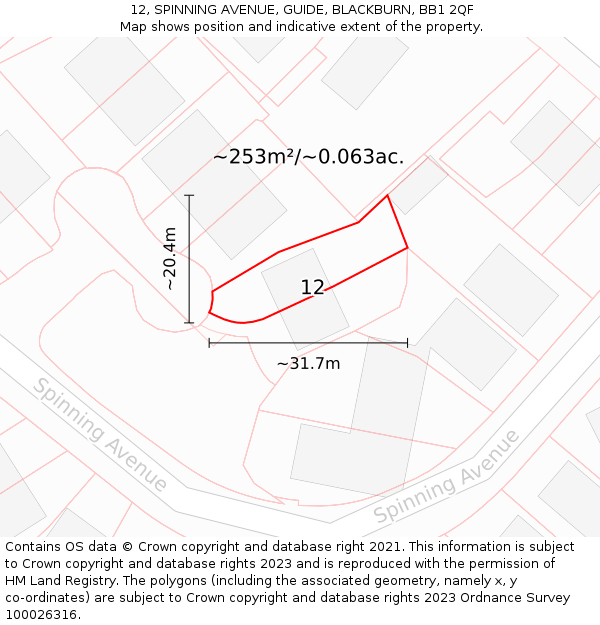 12, SPINNING AVENUE, GUIDE, BLACKBURN, BB1 2QF: Plot and title map