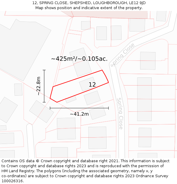 12, SPRING CLOSE, SHEPSHED, LOUGHBOROUGH, LE12 9JD: Plot and title map