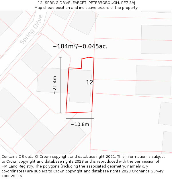 12, SPRING DRIVE, FARCET, PETERBOROUGH, PE7 3AJ: Plot and title map
