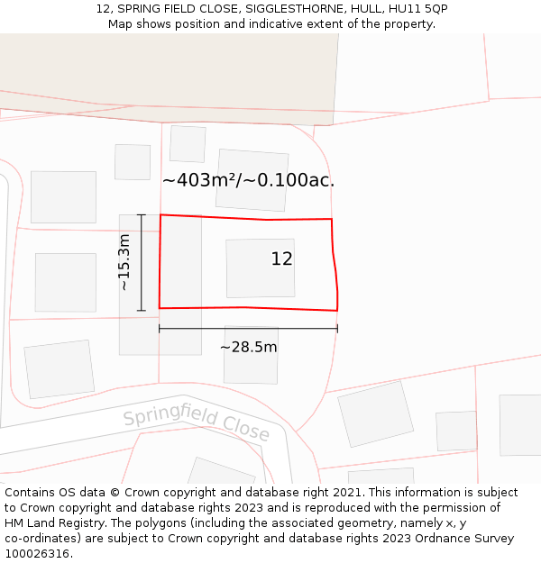 12, SPRING FIELD CLOSE, SIGGLESTHORNE, HULL, HU11 5QP: Plot and title map