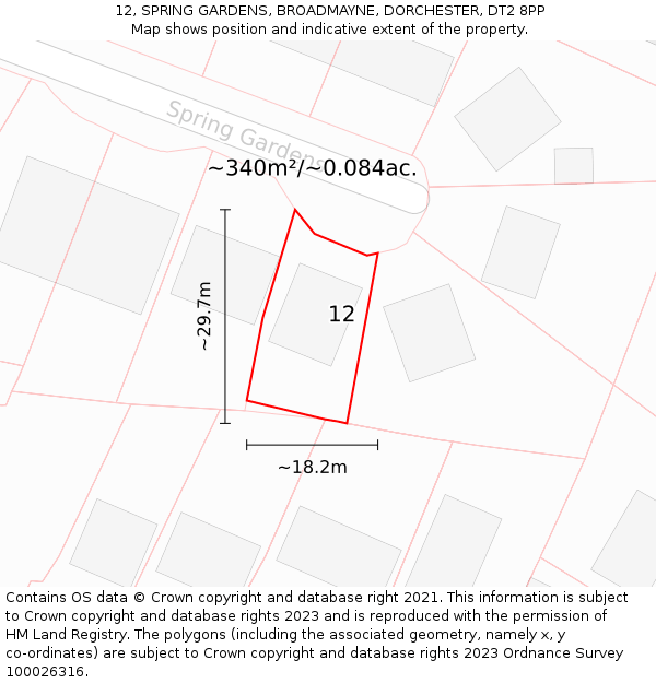 12, SPRING GARDENS, BROADMAYNE, DORCHESTER, DT2 8PP: Plot and title map