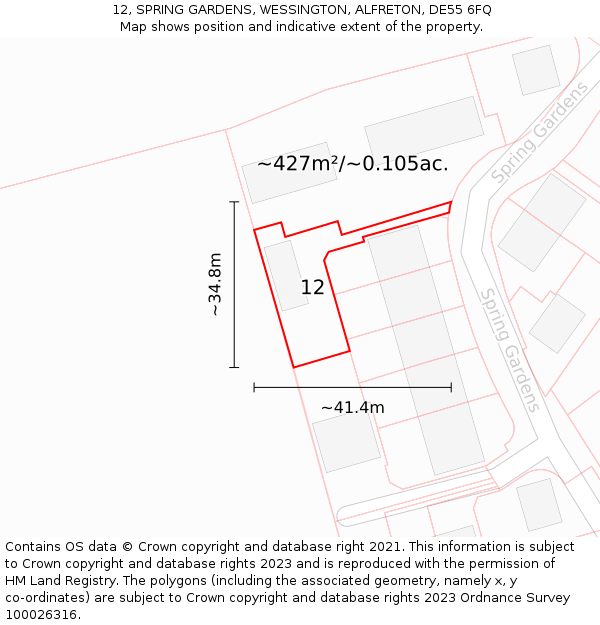 12, SPRING GARDENS, WESSINGTON, ALFRETON, DE55 6FQ: Plot and title map